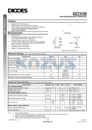 DZT3150-13 datasheet - NPN SURFACE MOUNT TRANSISTOR