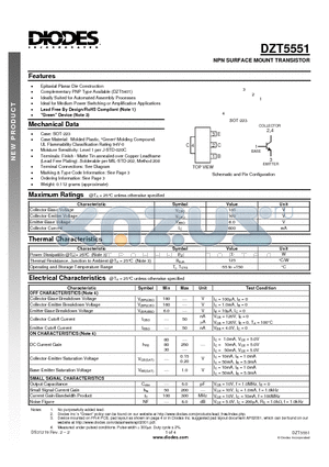 DZT5551-13 datasheet - NPN SURFACE MOUNT TRANSISTOR