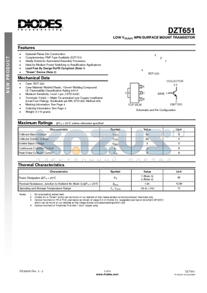 DZT651-13 datasheet - LOW VCE(SAT) NPN SURFACE MOUNT TRANSISTOR