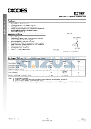 DZT951-13 datasheet - PNP SURFACE MOUNT TRANSISTOR