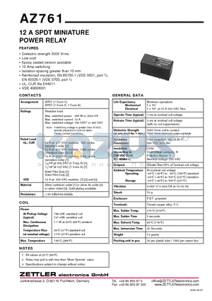 AZ761-1A-12D datasheet - 12 A SPDT MINIATURE POWER RELAY