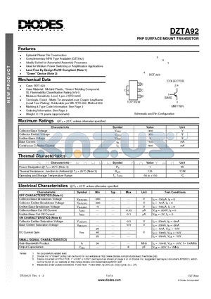 DZTA92 datasheet - PNP SURFACE MOUNT TRANSISTOR