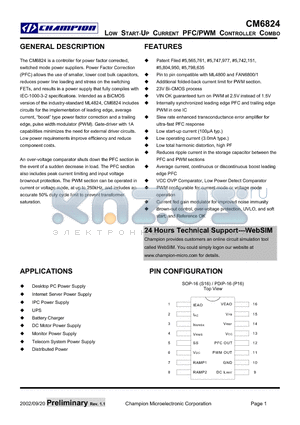 CM6824IP datasheet - LOW START-UP CURRENT PFC/PWM CONTROLLER COMBO