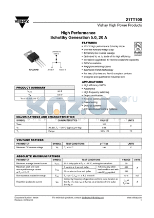 21TT100 datasheet - High Performance Schottky Generation 5.0, 20 A