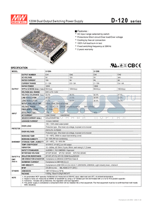 D-120 datasheet - 120W Dual Output Switching Power Supply