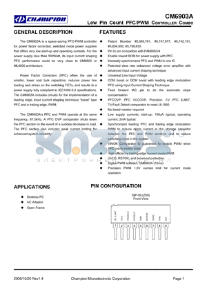 CM6903A datasheet - Low Pin Count PFC/PWM CONTROLLER COMBO