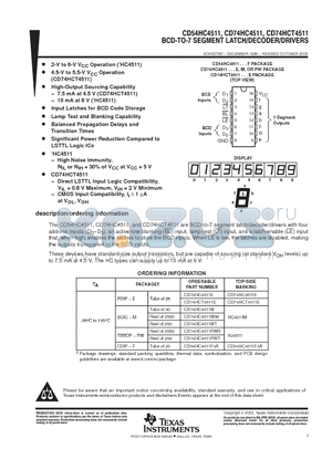 CD54HC4511F3A datasheet - BCD-TO-7 SEGMENT LATCH/DECODER/DRIVERS