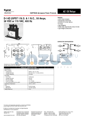 D-14D datasheet - D-14D 2SPST 1 N.O. & 1 N.C., 50 Amps,28 VDC or 115 VAC, 400 Hz