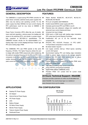 CM6903BGIZ datasheet - Low Pin Count PFC/PWM CONTROLLER COMBO