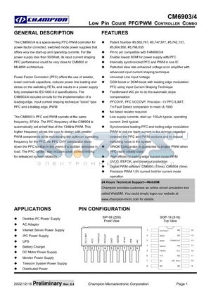 CM6903IZ datasheet - Low Pin Count PFC/PWM Controller Combo