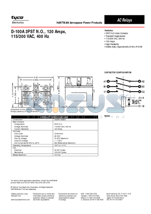 D-100A datasheet - D-100A 3PST N.O., 120 Amps,115/200 VAC, 400 Hz