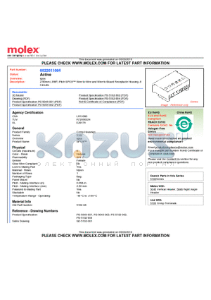 22-01-1084 datasheet - 2.50mm (.098) Pitch SPOX Wire-to-Wire and Wire-to-Board Receptacle Housing, 8 Circuits