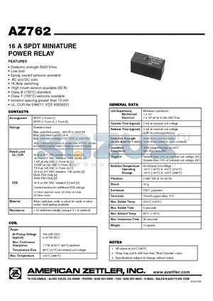 AZ762-1C-18DE datasheet - 16 A SPDT MINIATURE POWER RELAY