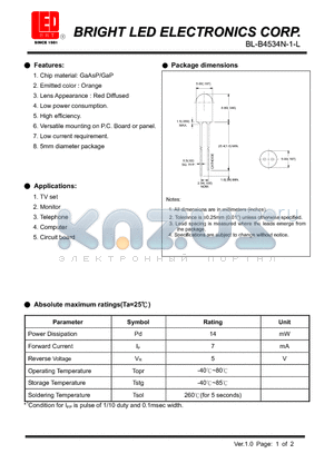 BL-B4534N-1-L datasheet - LED GaAsP/GaP Hi-Eff Red Low current requirement.