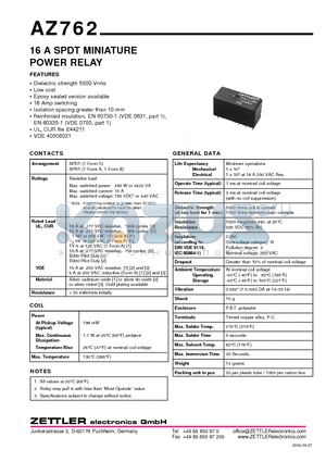 AZ762-1C-5D datasheet - 16 A SPDT MINIATURE POWER RELAY