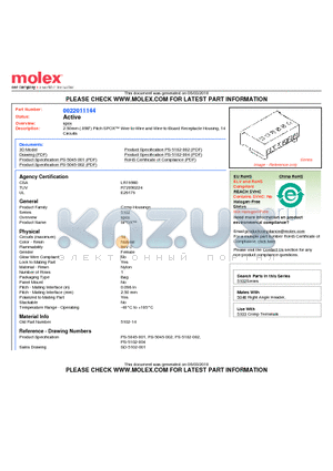 22-01-1144 datasheet - 2.50mm (.098) Pitch SPOX Wire-to-Wire and Wire-to-Board Receptacle Housing, 14 Circuits