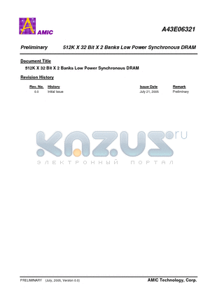 A43E06321 datasheet - 512K X 32 Bit X 2 Banks Low Power Synchronous DRAM