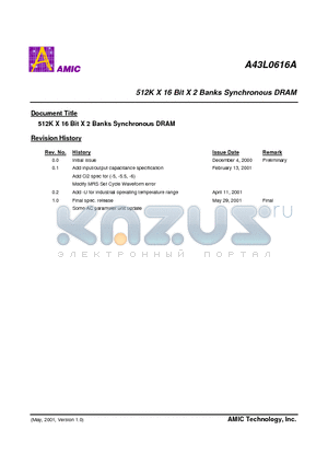 A43L0616A datasheet - 512K X 16 Bit X 2 Banks Synchronous DRAM