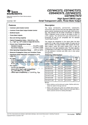 CD54HC573 datasheet - High Speed CMOS Logic Octal Transparent Latch, Three-State Output