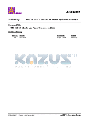 A43E16161V-75F datasheet - 1M X 16 Bit X 2 Banks Low Power Synchronous DRAM