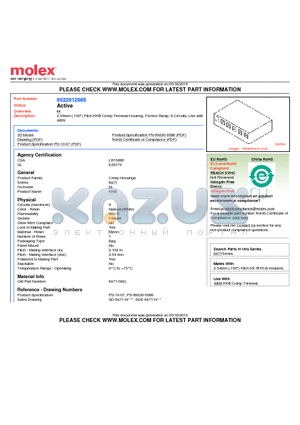 22-01-2085 datasheet - 2.54mm (.100) Pitch KK^ Crimp Terminal Housing, Friction Ramp, 8 Circuits, Use with 4809