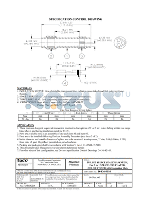 D-436-0110 datasheet - IN-LINE SPLICE SEALING SYSTEM, 2 or 3 to 1 SPLICE: TIN PLATED, COLOR CODED with Inspection Slots