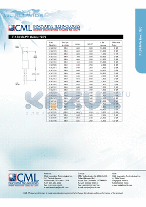 CM7410 datasheet - T-1 3/4 Bi-Pin Base (.125)