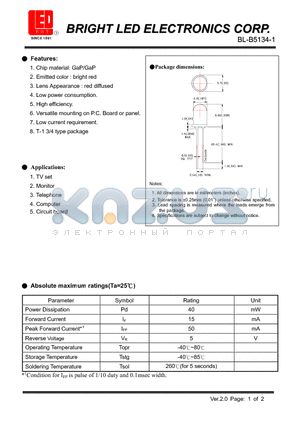 BL-B5134-1 datasheet - LED GaP/GaP Bright Red Low current requirement.