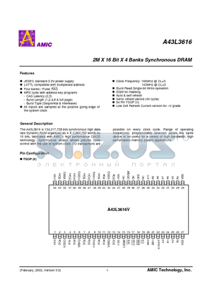 A43L3616V-7V datasheet - 2M X 16 Bit X 4 Banks Synchronous DRAM