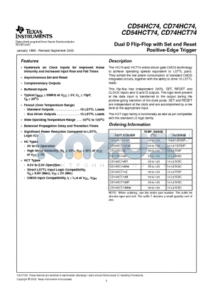 CD54HC74F datasheet - Dual D Flip-Flop with Set and Reset Positive-Edge Trigger