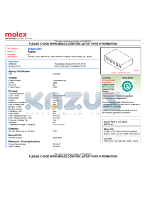 22-01-3267 datasheet - 2.54mm (.100) Pitch KK^ Crimp Terminal Housing, Friction Ramp, 26 Circuits