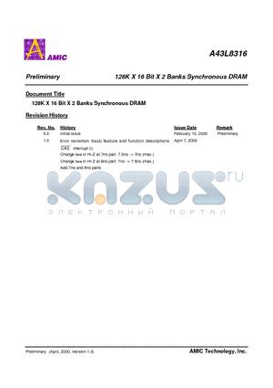 A43L8316V-10 datasheet - 128K X 16 Bit X 2 Banks Synchronous DRAM