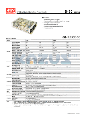 D-60B datasheet - 60W Dual Output Switching Power Supply