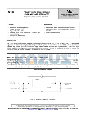 42118-018 datasheet - POSITIVE HIGH TEMPERATURE FIXED VOLTAGE REGULATOR