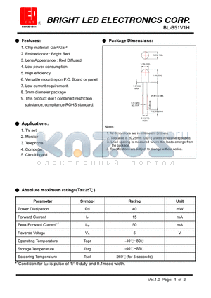 BL-B51V1H datasheet - LED GaP/GaP Bright Red Low current requirement.