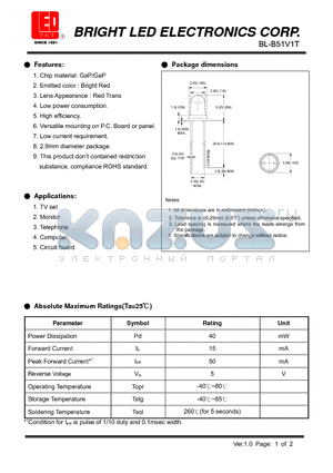 BL-B51V1T datasheet - LED GaP/GaP Bright Red Low current requirement.