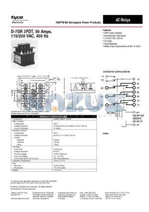 D-7GR datasheet - D-7GR 3PDT, 50 Amps,115/200 VAC, 400 Hz