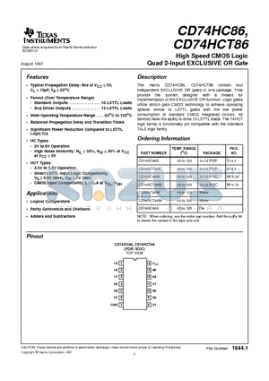 CD54HC86W datasheet - High Speed CMOS Logic Quad 2-Input EXCLUSIVE OR Gate