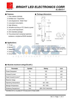 BL-BB43V1 datasheet - LED AlInGaN Super Blue Low current requirement.