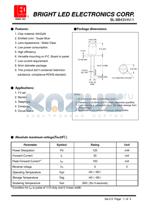 BL-BB43V4V-1 datasheet - LED AlInGaN Super Blue Low current requirement.