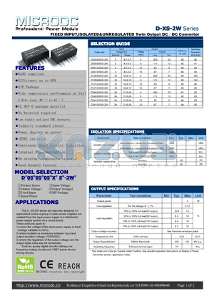 D-XS-2W datasheet - FIXED INPUT,ISOLATED&UNREGULATED Twin Output DCDC Converter