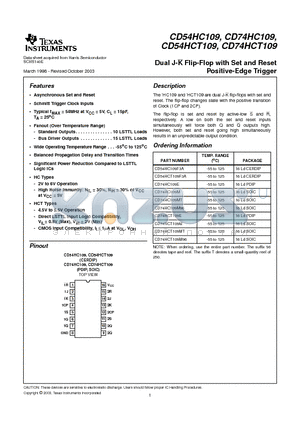CD54HCT109F3A datasheet - Dual J-K Flip-Flop with Set and Reset Positive-Edge Trigger