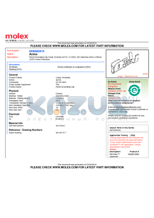 42172AA1 datasheet - Panel Grounding Clip Crimp Terminal 42172, 14 AWG, 301 Stainless Steel, 0.89mm (.035