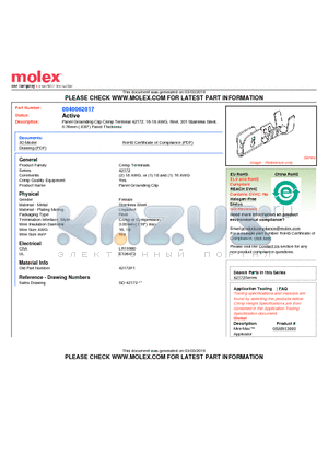 42172F1 datasheet - Panel Grounding Clip Crimp Terminal 42172, 16-18 AWG, Reel, 301 Stainless Steel