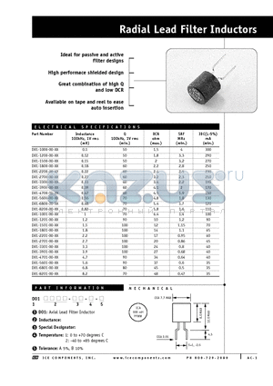 D01-1000-00-XX datasheet - Radial Lead Filter Inductors