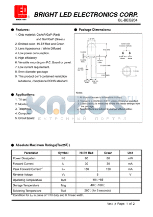 BL-BEG204 datasheet - GaAsP/GaP (Red) Low current requirement.