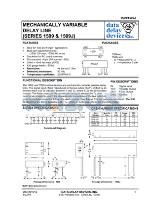 1509J-10B datasheet - MECHANICALLY VARIABLE DELAY LINE