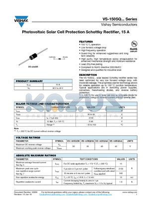 150AQ030TR datasheet - Photovoltaic Solar Cell Protection Schottky Rectifier, 15 A