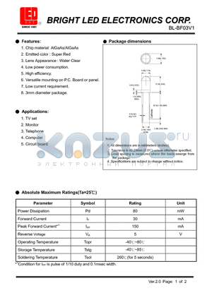 BL-BF03V1 datasheet - LED AlGaInP/GaAs Super Red Low current requirement.