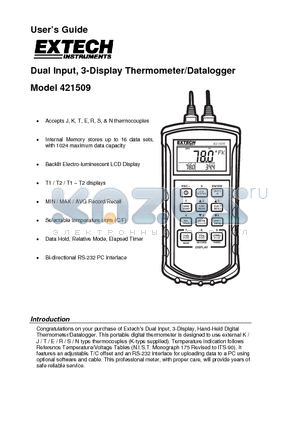 421509 datasheet - Dual Input, 3-Display Thermometer/Datalogger